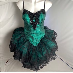 Custom made green metallic/black lace formal dress